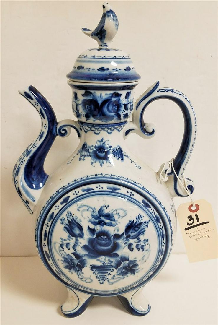RUSSIAN GZHEL PAINTED POTTERY TEA POT 16 1/2" (1 of 6)
