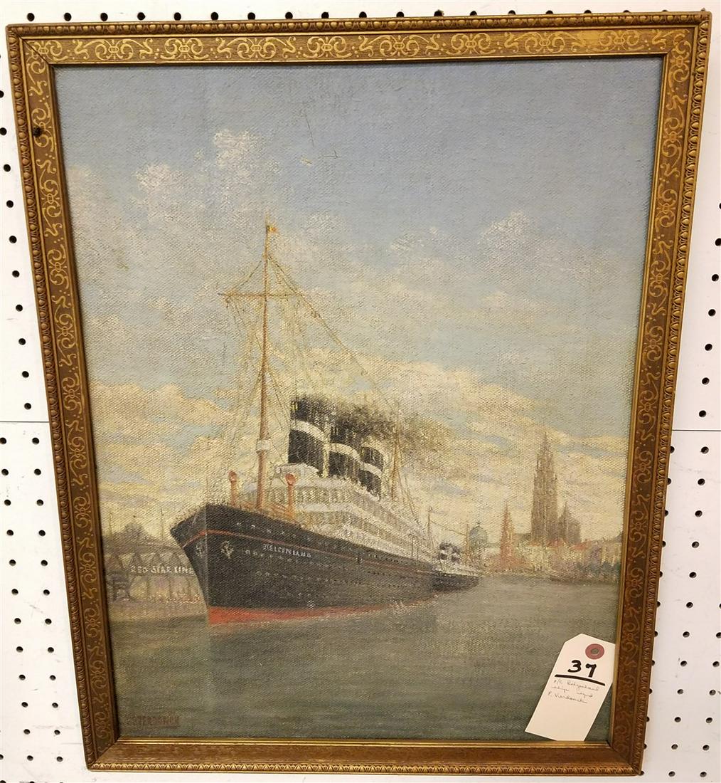 FRAMED O/C SHIP BELGENLAND LEAVING POTY SGND.: FRAMED O/C SHIP BELGENLAND LEAVING POTY SGND. P.VERDONCK 21"x15 1/2"