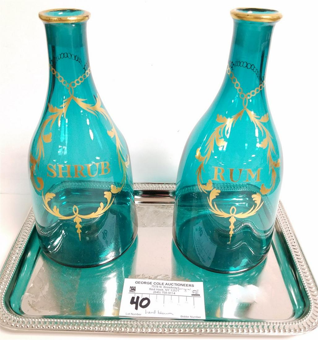TRAY 2 HAND BLOWN TEAL COVERED BOTTLES 9"EACH (1 of 3)