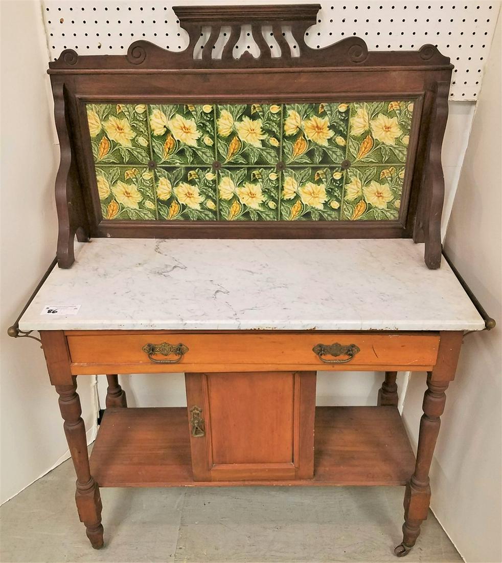 ENGLISH MARBLE TOP WASH STAND W/TILED BACK SPLASH 50"H (1 of 3)