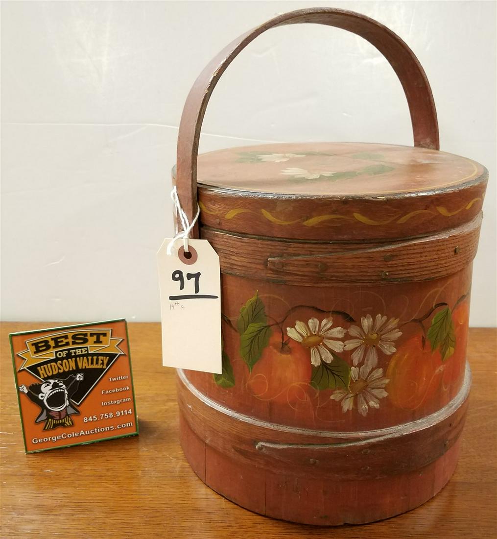 19TH C PTD. WOODEN PANTRY FIRKIN 9-1/2"H X 10-1/2" DIA: 19TH C PTD. WOODEN PANTRY FIRKIN 9-1/2"H X 10-1/2" DIA