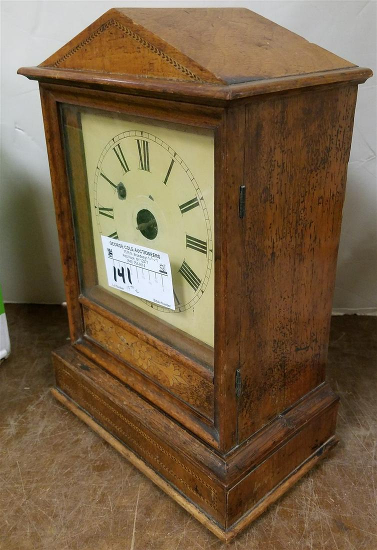 19H C INLAID MAHOG MANTEL CLOCK 11 1/2"H X 8"W X 5"D: 19H C INLAID MAHOG MANTEL CLOCK 11 1/2"H X 8"W X 5"D