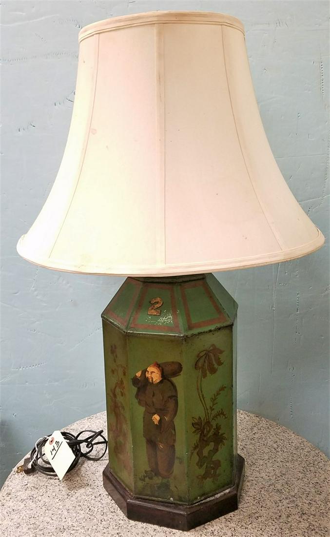 19TH C PTD TEA TIN W/ LID MADE INTO A LAMP 29 1/2" (1 of 3)