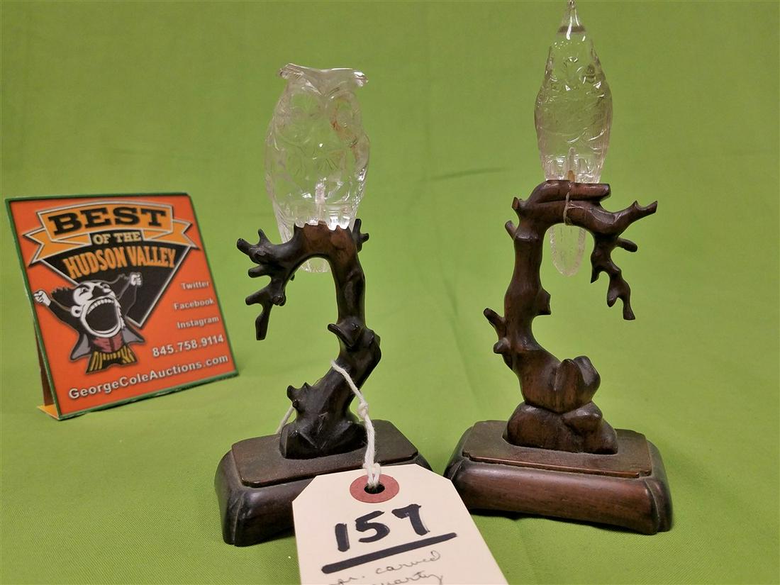 PR CARVED WOODEN STANDS 4" AND 3 1/2" W/ CARVED QUARTZ (1 of 6)