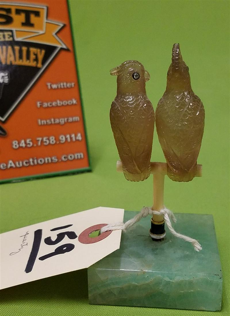 CARVED QUARTZ PARROTS ON PERCH AND GREEN QUARTZ BASE 3 (1 of 6)