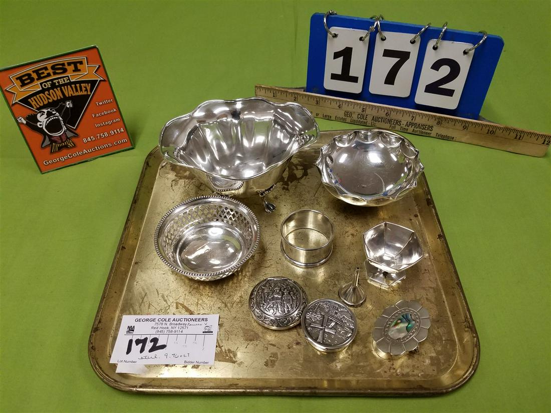 TRAY STERL J.E. CALDWELL FOOTED BOWL, GORHAM: TRAY STERL J.E. CALDWELL FOOTED BOWL, GORHAM RETICULATED BOWL, 3 PILL BXS, PERFUME FUNNEL W/ MOP ETC 9.76OZT