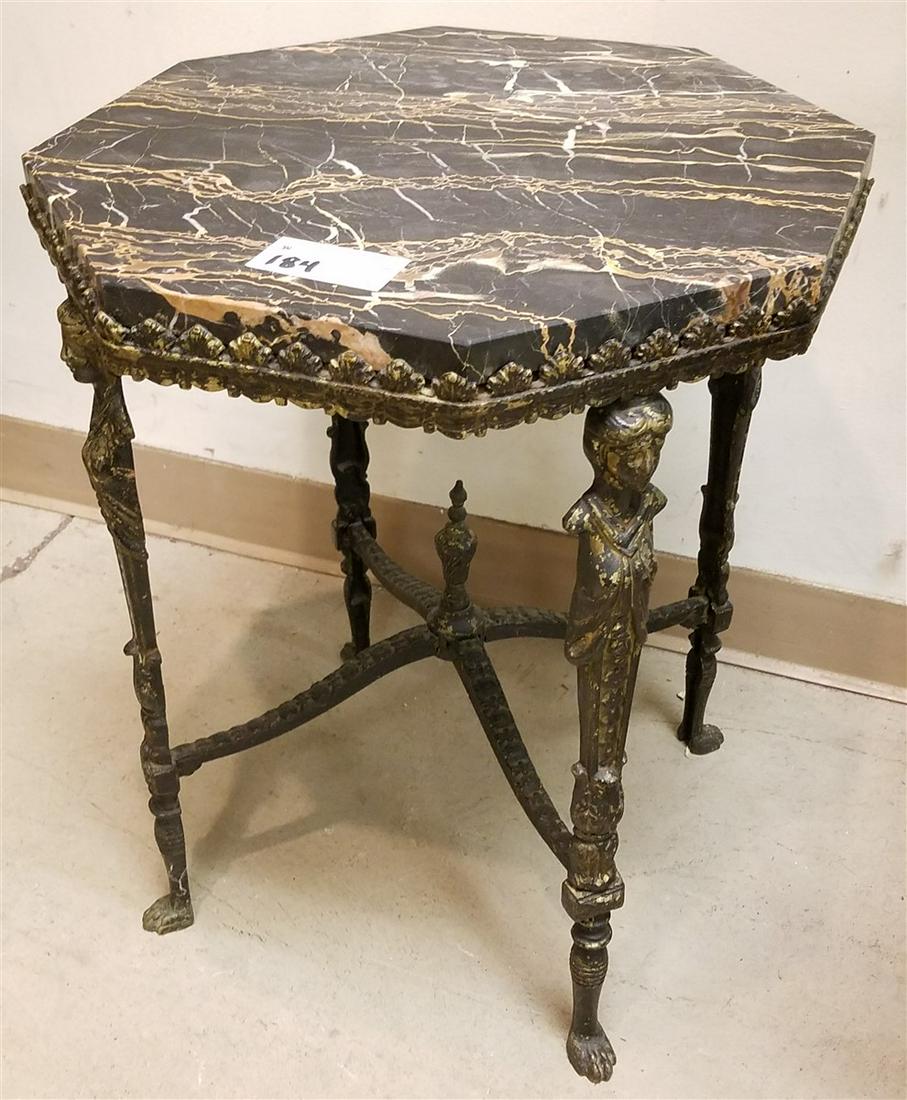 BRONZE BASE HEXAGONAL MARBLE TOP STAND ATTRIB TO OSCAR: BRONZE BASE HEXAGONAL MARBLE TOP STAND ATTRIB TO OSCAR BACH 22"H X 18" DIAM