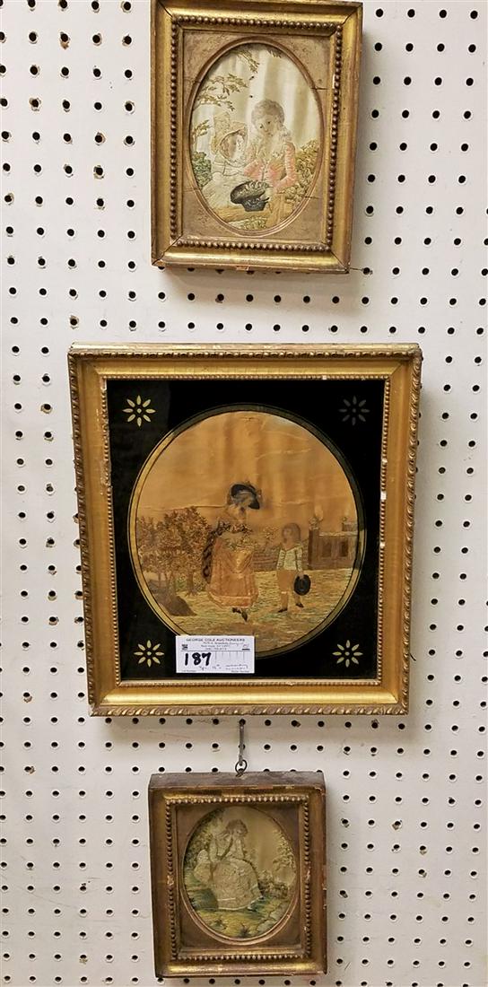 SET 3 18TH C FRAMED EMBROIDERED AND W/C SCENES ON SILK (1 of 4)