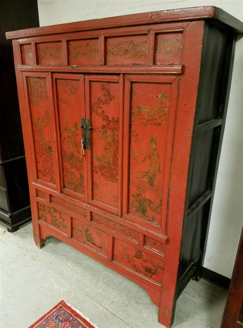 CHINESE RED LACQUER 2 DOOR CABINET 66"H X 54"W X 20 (1 of 5)