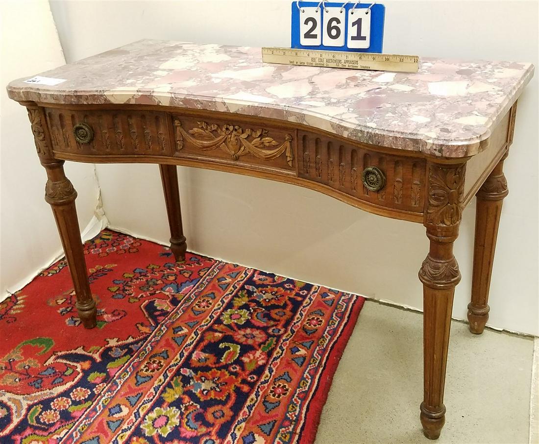 CARVED MAHOG MARBLE TOP CONSOLE TABLE 22"H X 34"W X (1 of 3)