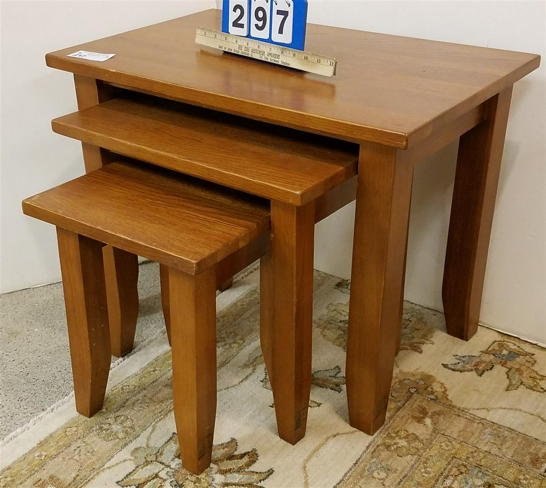 SET 3 OAK STACKABLE TABLES 20 1/2"H X 27"W X 17 1/2"D (1 of 3)