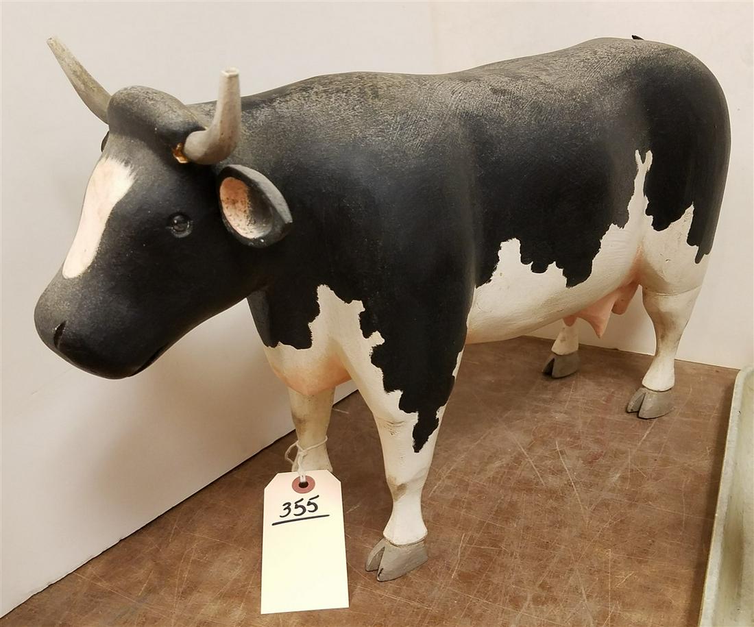 FOLK ART WOODEN COW 11 1/2"H X 18"L: FOLK ART WOODEN COW 11 1/2"H X 18"L - Has been repair in two places... Tail and Horn... See Pics