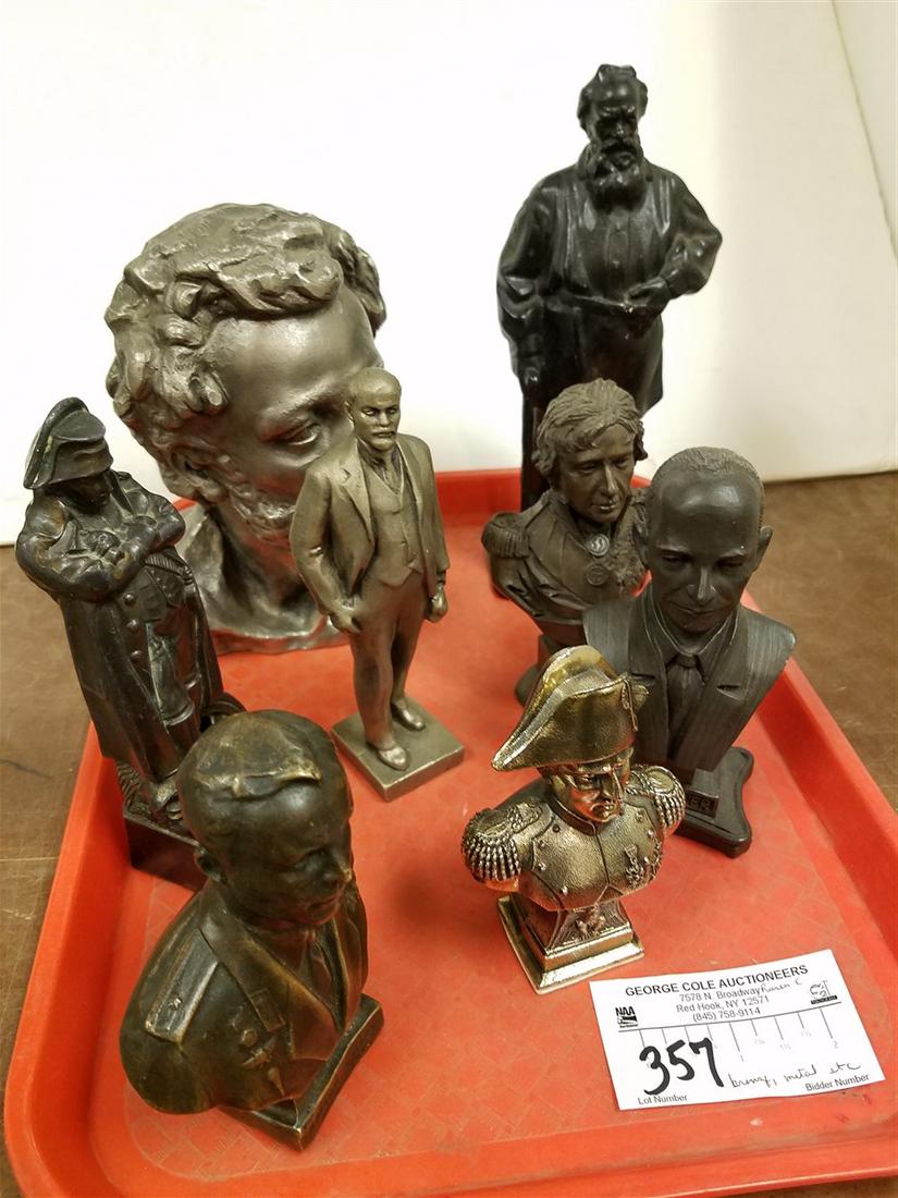 TRAY 8 FIGURINES- CAST IRON 8 1/2" MAN, 6" METAL LENIN, (1 of 9)