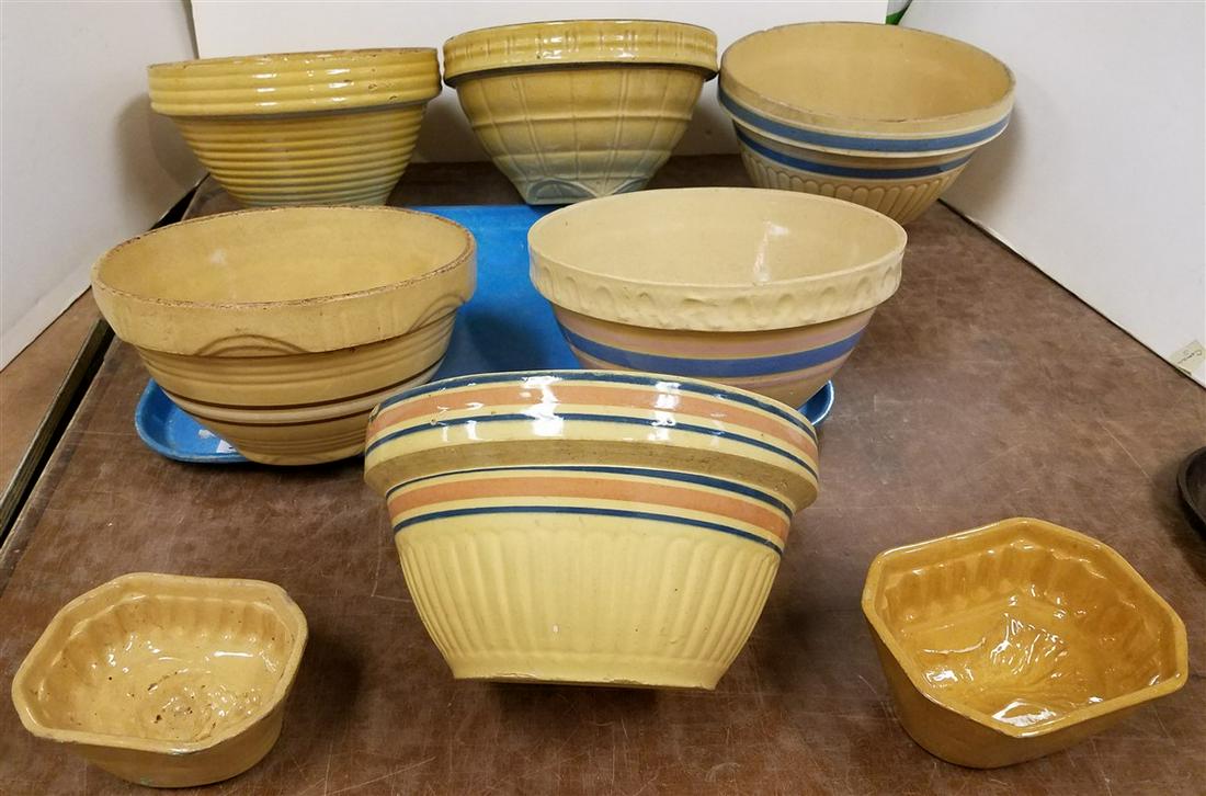 TRAY 6 YELLOWWARE MIXING BOWLS AND 2 MOLDS (1 of 10)
