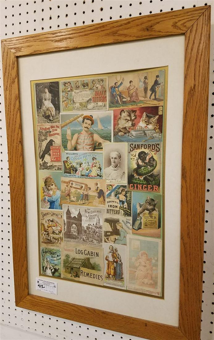 FRAMED COLLAGE OF 19TH C TRADE CARDS 22" X 14" (1 of 4)
