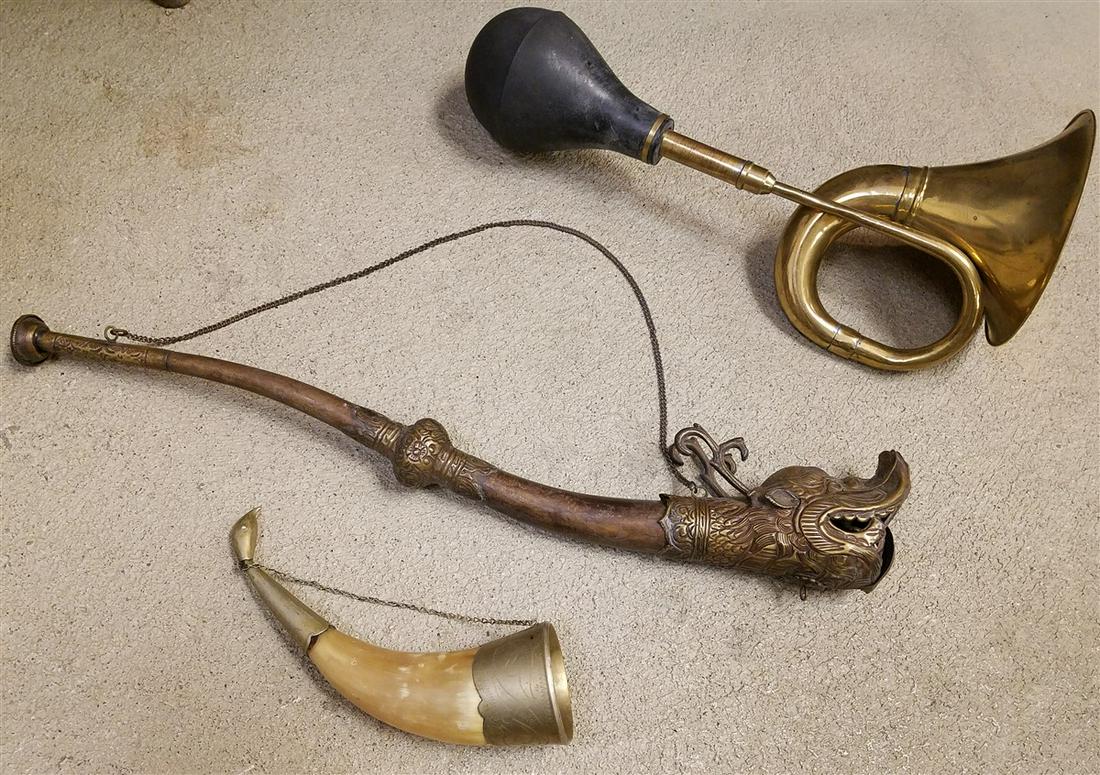 BX HORNS BRASS CAR HORN, 19TH C BRASS FIGURAL, AND COW (1 of 2)