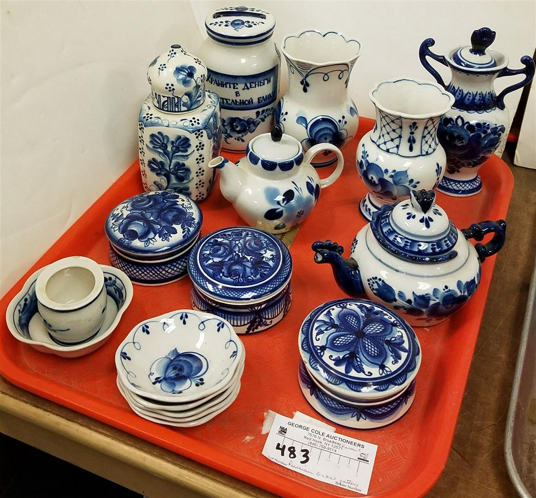 TRAY RUSSIAN GZHEL POTTERY VASES, BANKS, COVERED BXS (1 of 12)