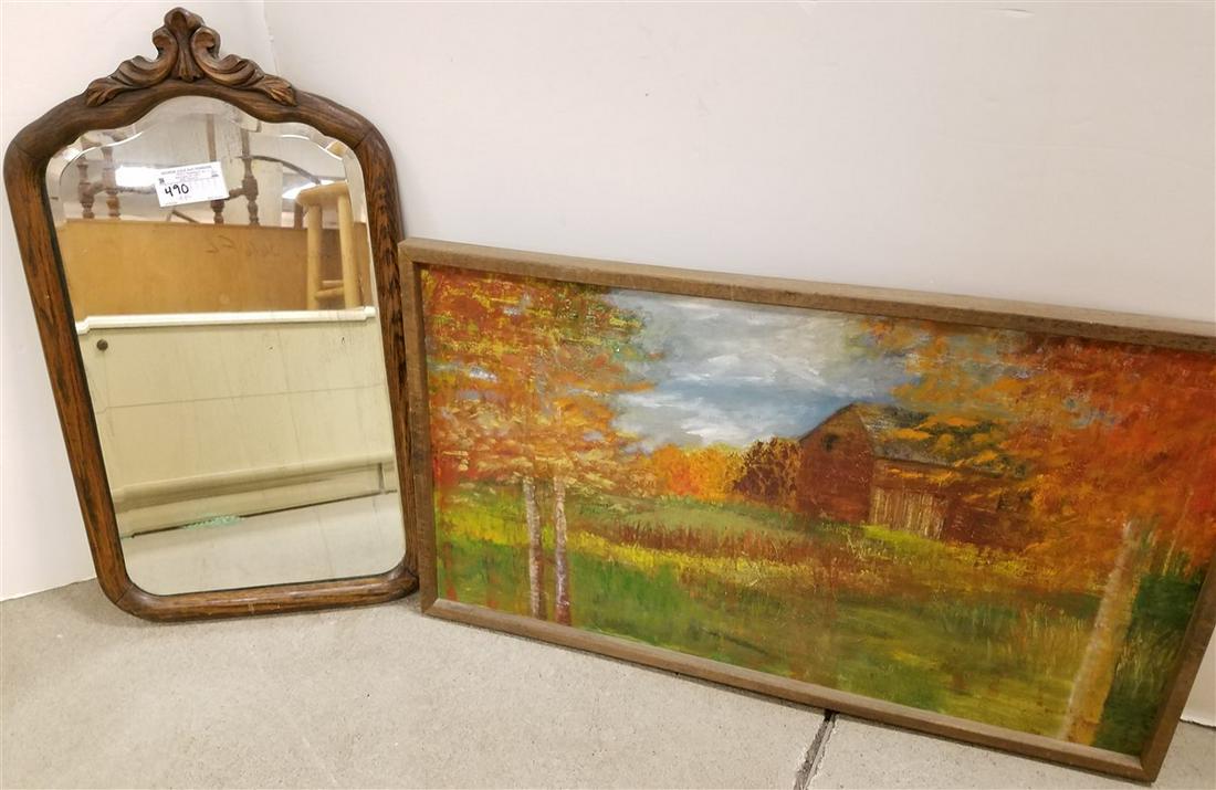 FRAMED O/C LANDSCAPE, OAK FRAMED BEVELLED MIRROR (1 of 5)