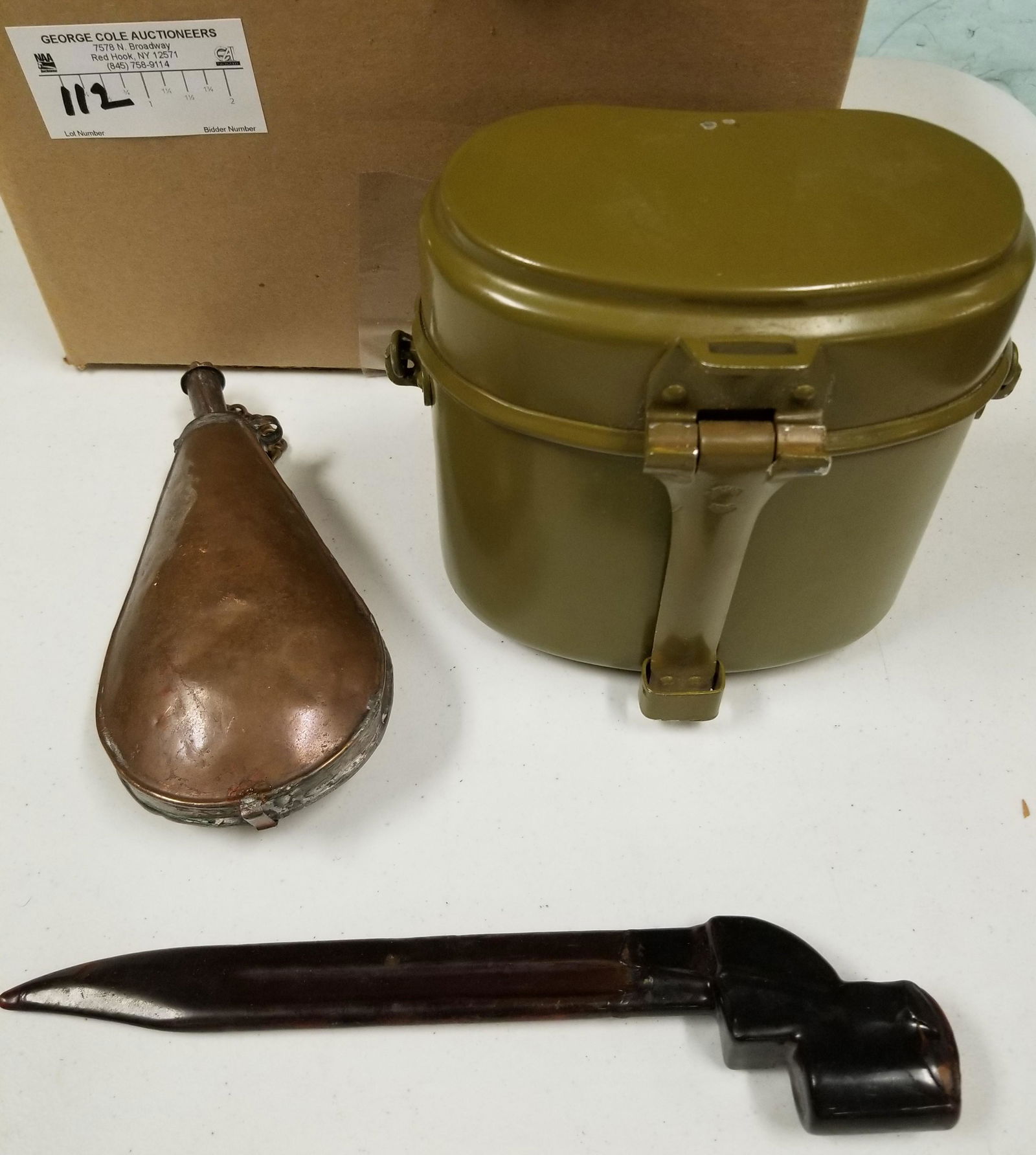 BOX OF BAYONETTE 10", COPPER POWDER FLASK AND 1956 (1 of 1)