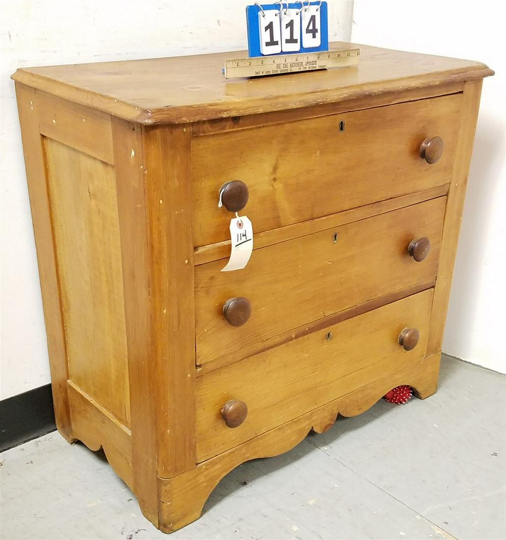 19TH C PINE 3 DRAWER CHEST 28 1/2" H X 30" W X 16" D (1 of 3)