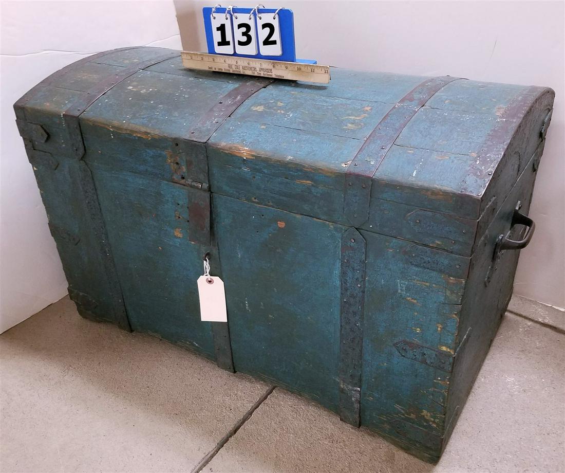 19TH C DOME TOP TRUNK - GREAT PEACOCK BLUE 21 1/4" H X (1 of 7)