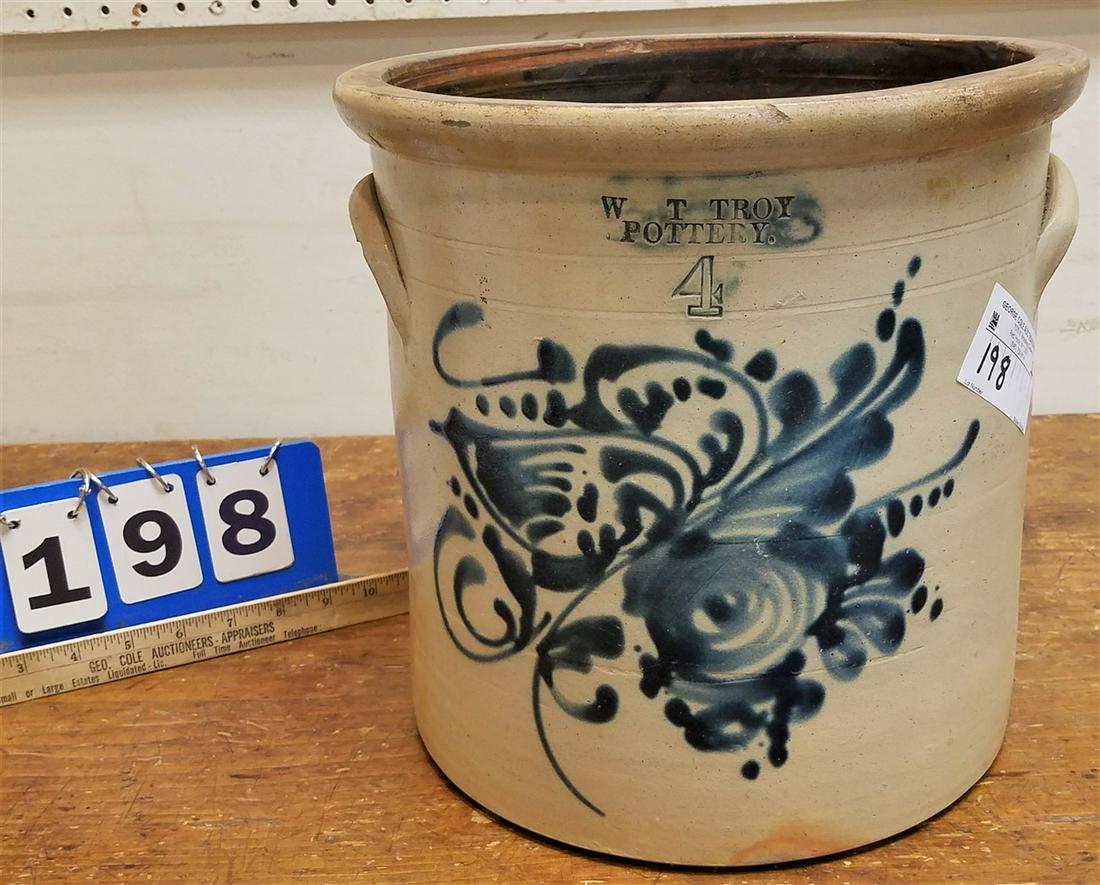 BLUE DEC. 4 GAL STONEWARE CROCK W.T. TROY POTTERY (1 of 6)