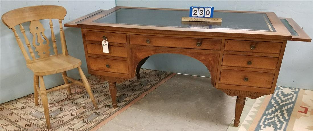 MAHOG. LEATHER TOP DESK 30 1/2" H X 59" W X 31 1/2" D: MAHOG. LEATHER TOP DESK 30 1/2" H X 59" W X 31 1/2" D W/ CHAIR