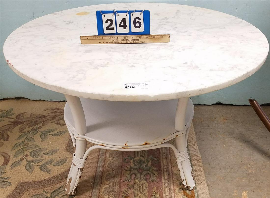 WICKER BASE MARBLE TOP TABLE 22" H X 36" DIAM: WICKER BASE MARBLE TOP TABLE 22" H X 36" DIAM