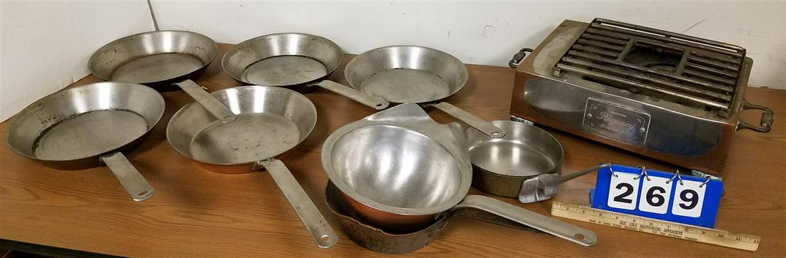 BOX OF COPPER PANS 7 PIECES AND REGENCY ELECTRIC GRILL (1 of 7)
