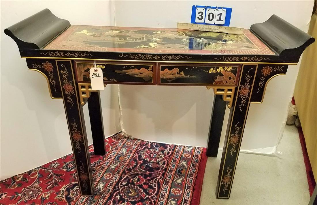 CHINESE LAQUER ALTAR TABLE 33"H X 43"W X 15"D WITH 2: CHINESE LAQUER ALTAR TABLE 33"H X 43"W X 15"D WITH 2 DRAWERS