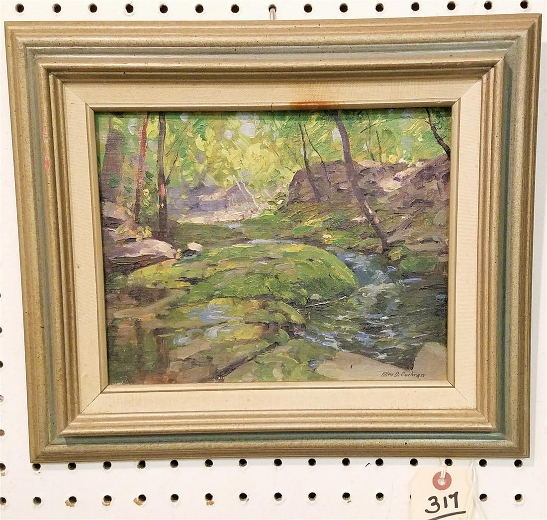 FRAMED OIL ON BOARD LANDSCAPE "WOODLAND BROOK" SIGNED: FRAMED OIL ON BOARD LANDSCAPE "WOODLAND BROOK" SIGNED ALLEN D. COCHRAN SALMAGUNDI CLUB LABEL 8" X 10"