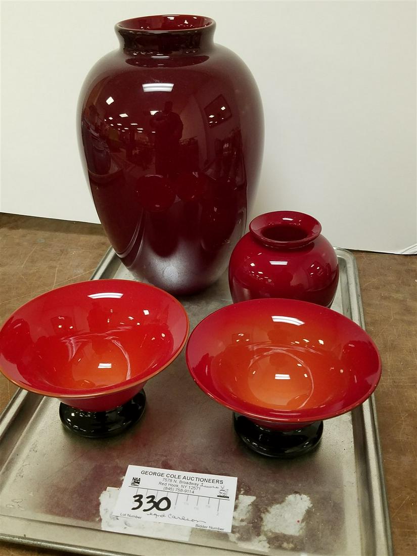 TRAY OF 4 PIECE ART GLASS OXBLOOD- 2 VASES 9 1/2' AND (1 of 6)