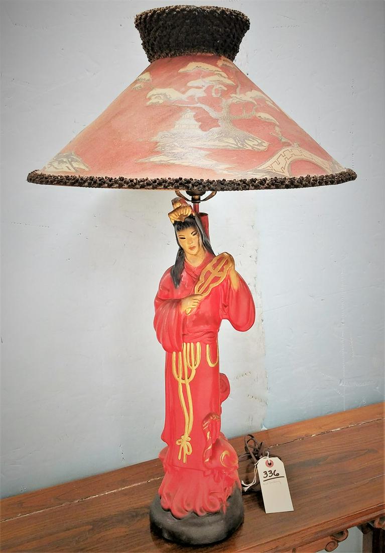 MID CENTURY PLASTER FIGURAL LAMP WITH PAINTED WOODEN (1 of 3)