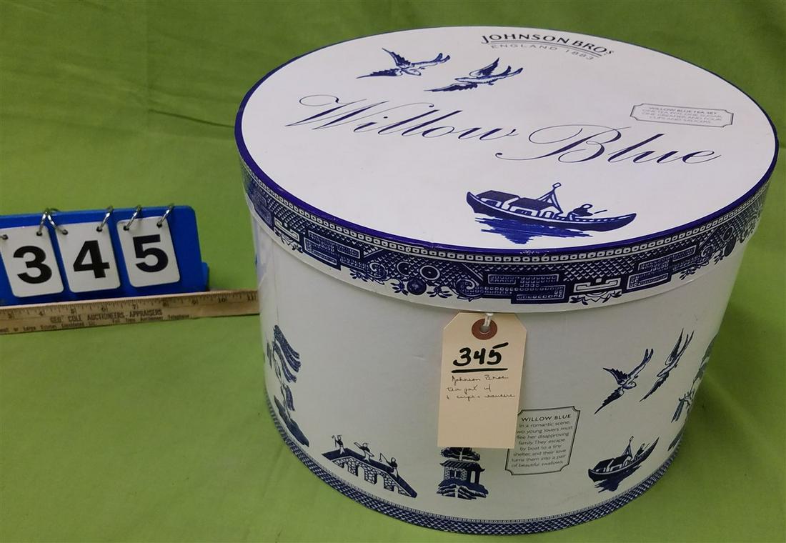 BOXED JOHNSON BROS. WILLOW BLUE TEA POT WITH 6 CUPS AND (1 of 6)