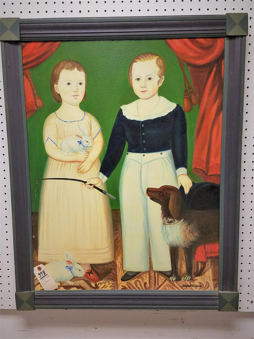 FRAMED COMTEMPORARY FOLK ART PAINTING SIGNED AUGUSTEN (1 of 5)