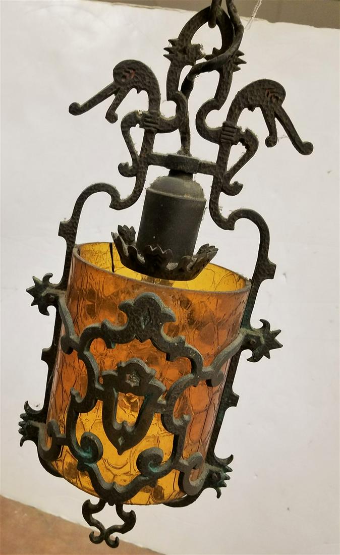 20'S CAST BRONZE HALL LANTERN WITH AMBER GLASS SHADE 16 (1 of 2)