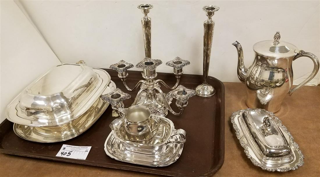 TRAY OF SILVERPLATE SERVING PIECES, CANDLEABRA AND PAIR (1 of 2)