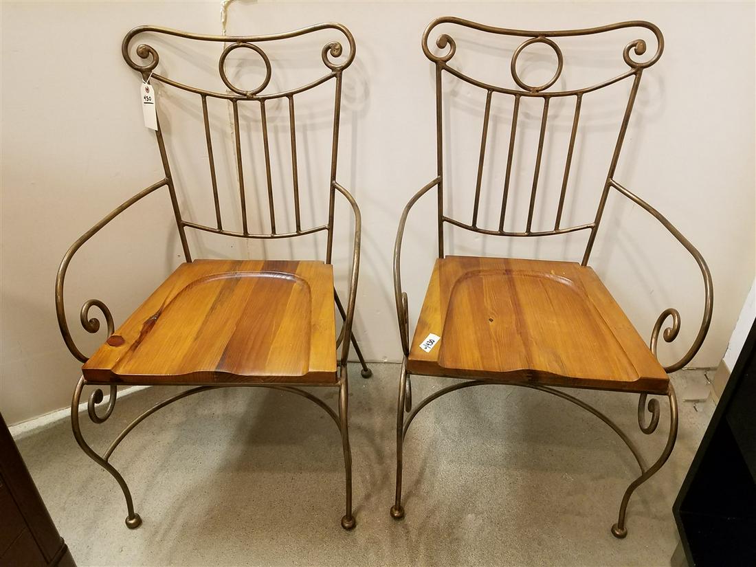 PAIR OF POWELL WROUGHT FRAME WOODEN SEAT ARMCHAIRS: PAIR OF POWELL WROUGHT FRAME WOODEN SEAT ARMCHAIRS