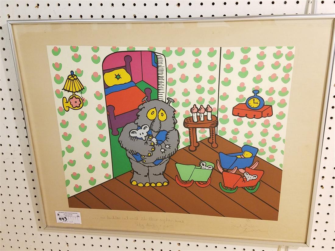 FRAMED LITHOGRAPH "MR. BACKLAR RAT WITH THE THREE: FRAMED LITHOGRAPH "MR. BACKLAR RAT WITH THE THREE ORPHAN MICE" PENCIL SIGNED 59/100 17" X 21 3/4"