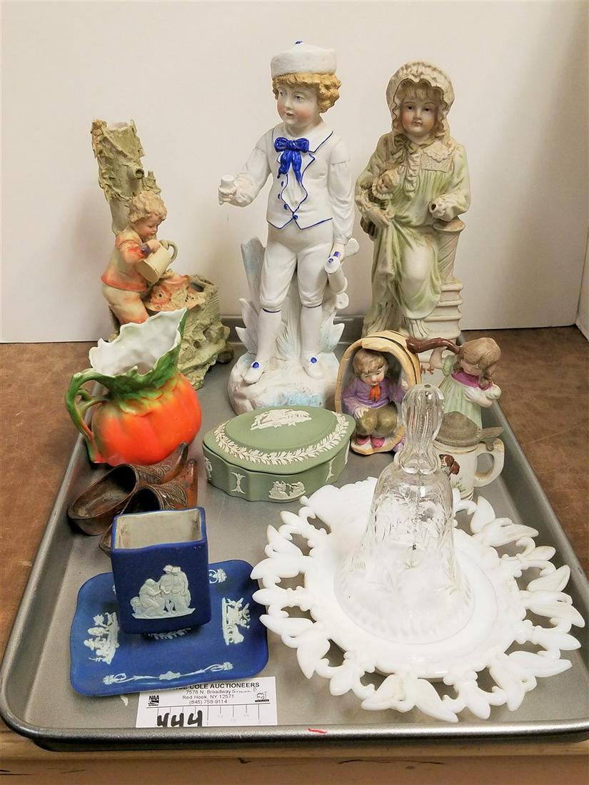 TRAY OF GERMAN BISQUE FIGURINES, WEDGEWOOD, JASPERWARE (1 of 4)