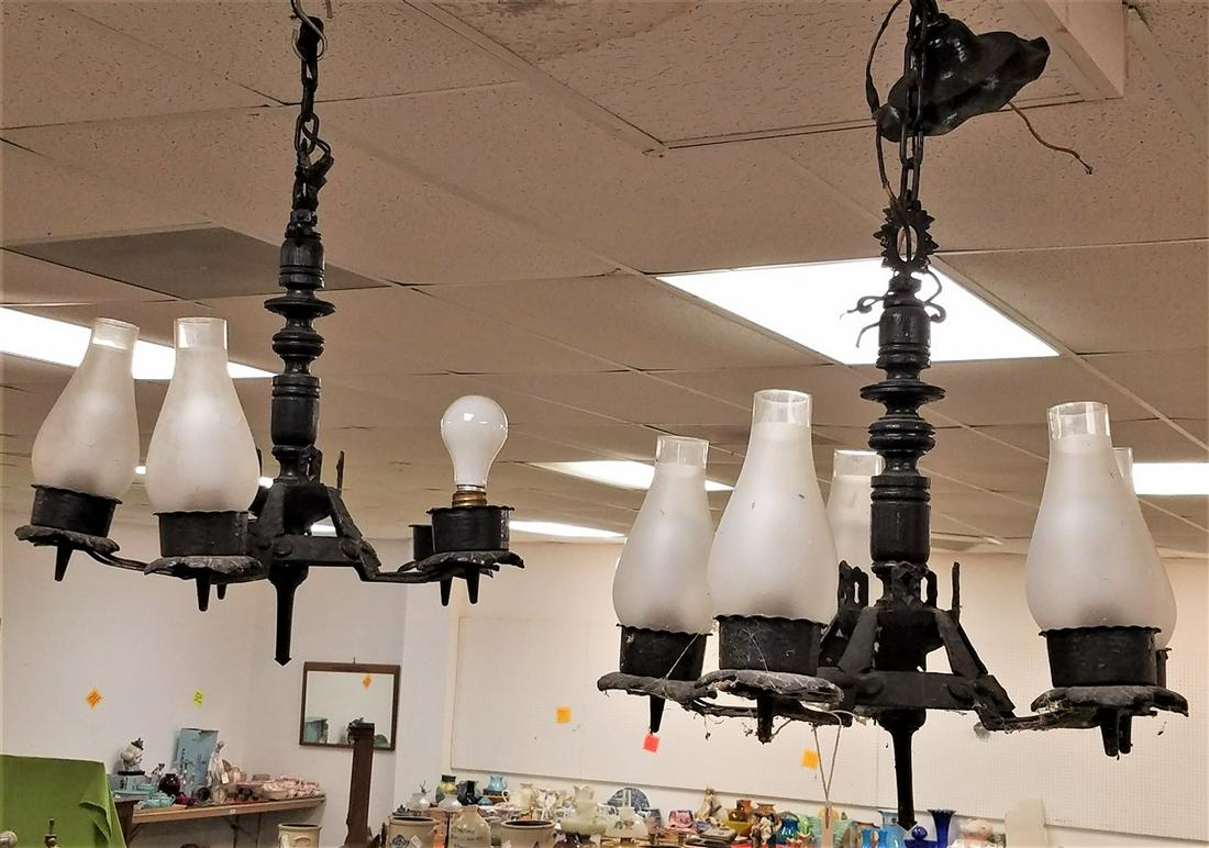 PAIR OF CAST BRONZE AND TURNED WOOD 5 ARMED CHANDELIER (1 of 5)