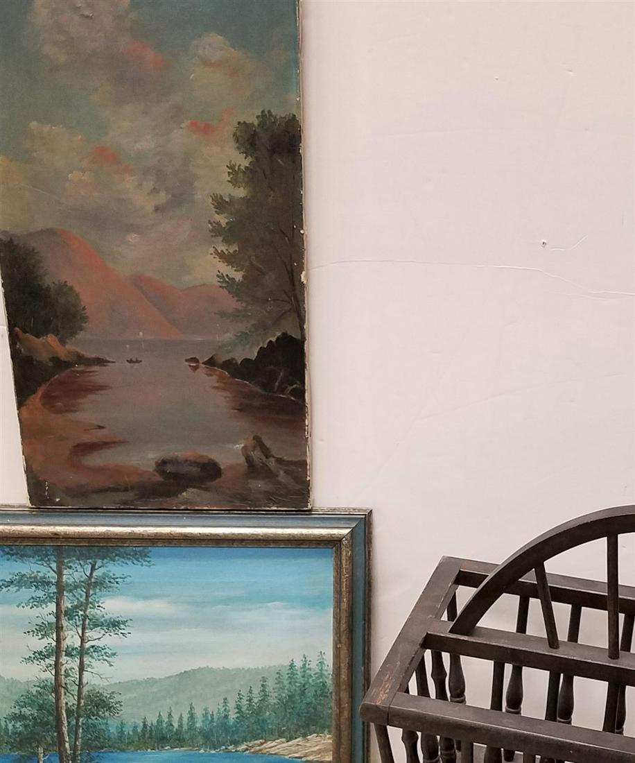 MAGAZINE RACK WITH 2 OIL ON CANVAS LANDSCAPES 22" X 11": MAGAZINE RACK WITH 2 OIL ON CANVAS LANDSCAPES 22" X 11" AND 12" X 16" SIGNED H.EWALD