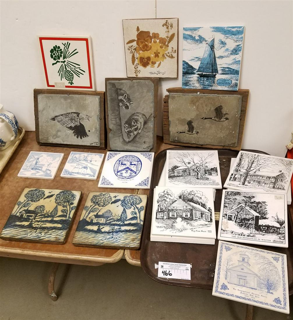 TRAY OF TILES 13 PIECES AND 3 PAINTINGS ON SLATE SIGNED: TRAY OF TILES 13 PIECES AND 3 PAINTINGS ON SLATE SIGNED ANNA BROWN