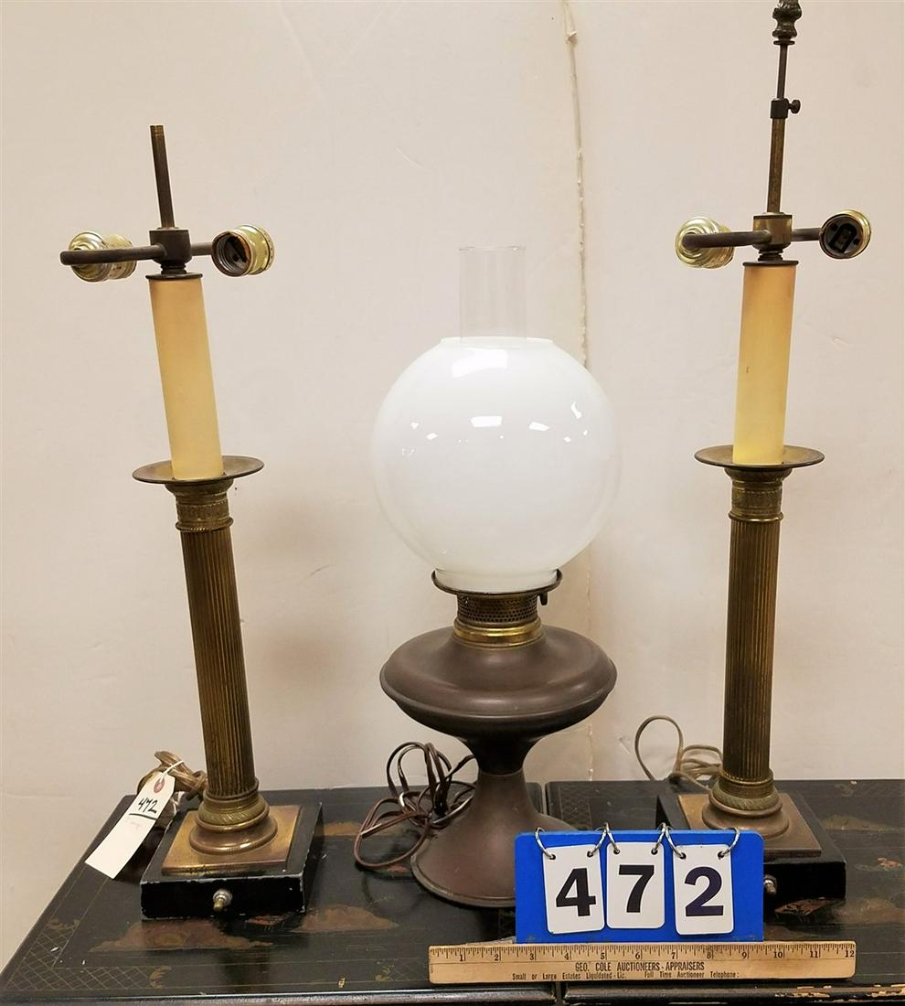 PAIR OF BRASS COLUMN LAMPS 28" AND BRASS ELECTRIC OIL (1 of 2)