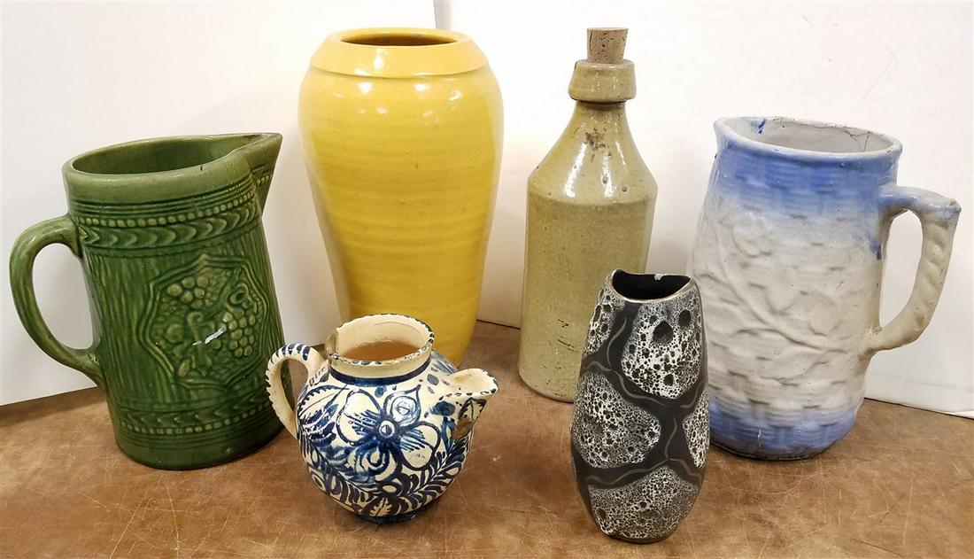TRAY OF POTTERY PITCHERS, VASE, STONEWARE BOTTLE ETC. (1 of 1)