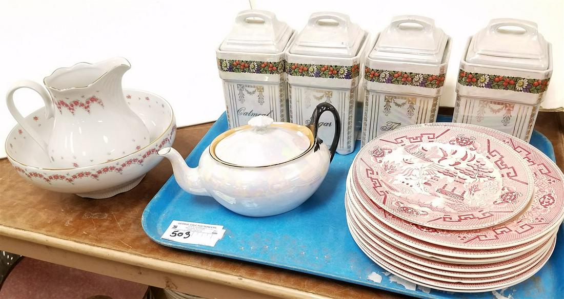 TRAY GERMAN CANISTER SET, 10 PLATES, LUSTER TEA POT (1 of 5)