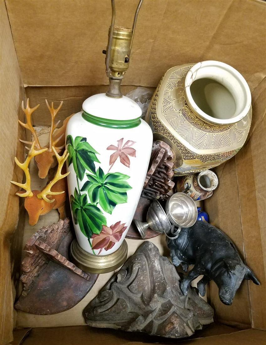 BOX MISC. POTTERY WALL SHELVES, LAMPS, VASES, CAST IRON (1 of 5)