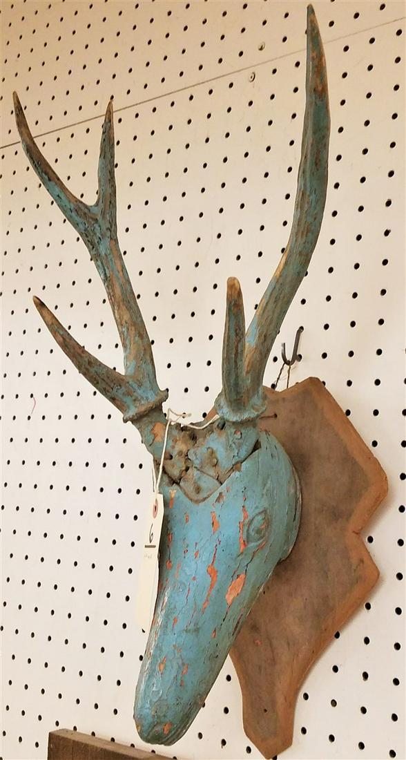 FOLK ART WOODEN DEER HEAD. MOUNTED WITH REAL ANTLERS. 21" H X 10 1/2" W (1 of 1)