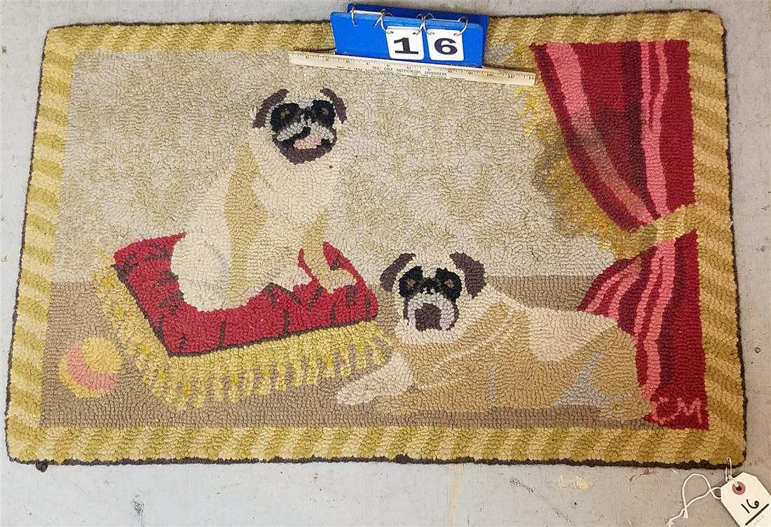 HOOKED RUG. PUGS 22" X 33 1/2" (1 of 1)