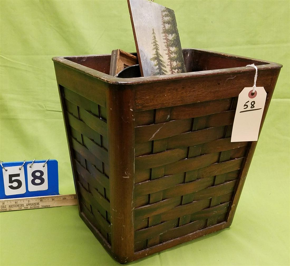 WOODEN WOVEN WASTE BASKET WITH FRAMED ITEMS: O/PANEL LANDSCAPE 16 3/4" X 5 3/4". O/B LANDSCAPE 6" X (1 of 8)